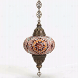 Full view of handmade Amber warm amber Turkish mosaic pendant light on white background (ENV DYN3090)
