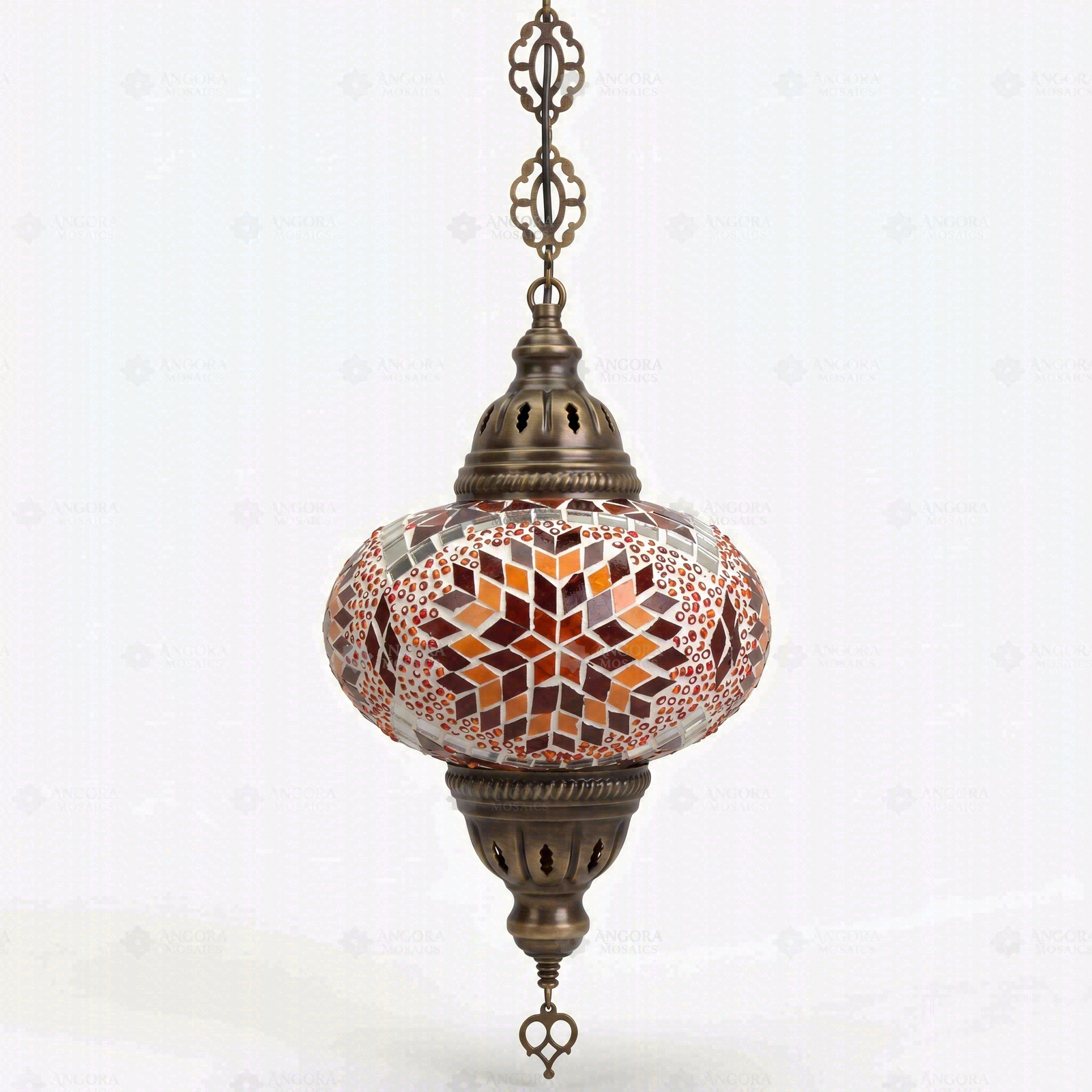 Full view of handmade Amber warm amber Turkish mosaic pendant light on white background (ENV DYN3090)