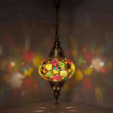 Multicolor Turkish mosaic pendant light illuminated, showing colorful light projection (ENV DYN3091)