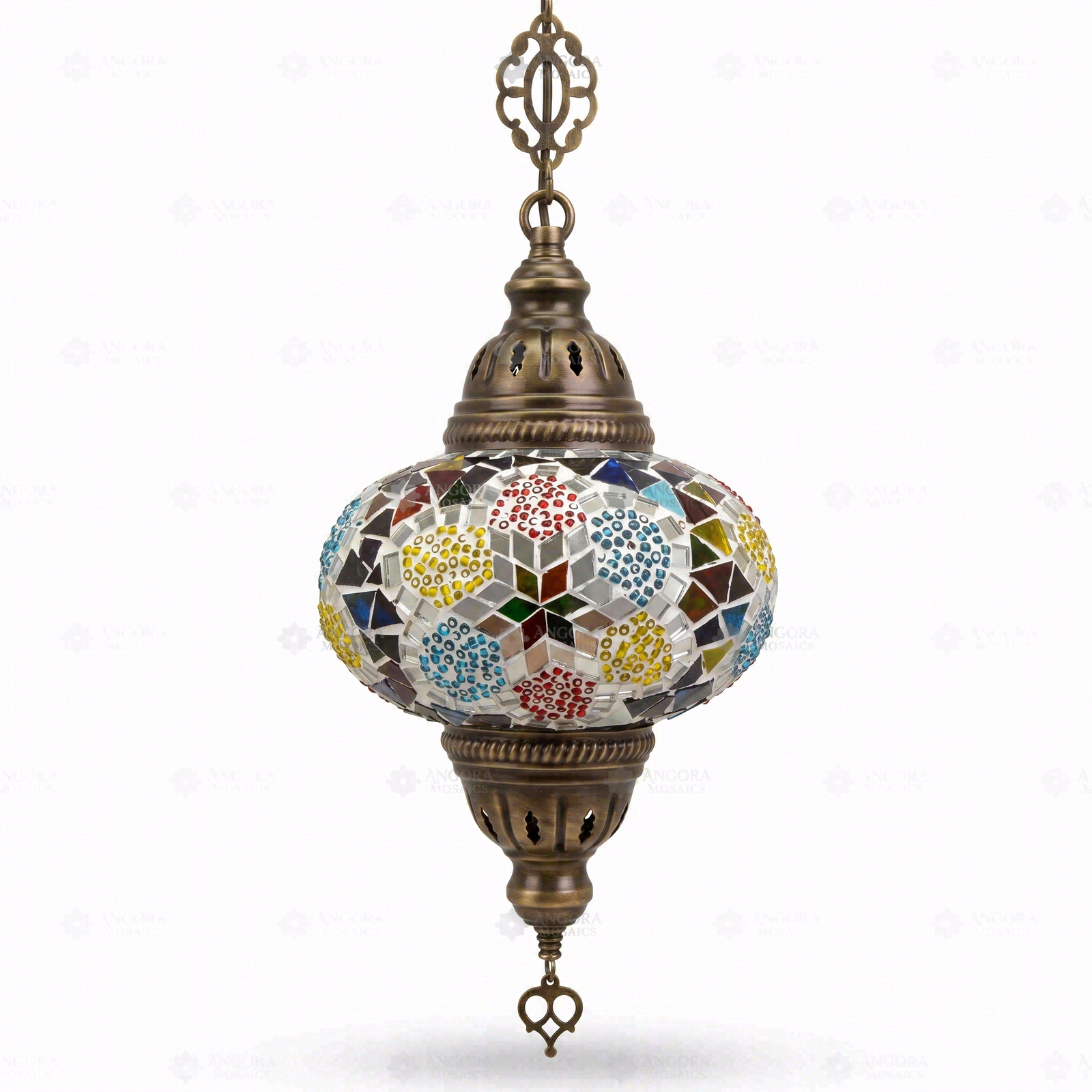Full view of handmade Multicolor multicolor jewel Turkish mosaic pendant light on white background (ENV DYN3091)