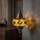 Amber warm amber Turkish mosaic pendant light in styled room — handmade Moroccan pendant light (ENV DYN3092)