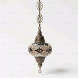 Full view of handmade Amber warm amber Turkish mosaic pendant light on white background (ENV DYN3092)