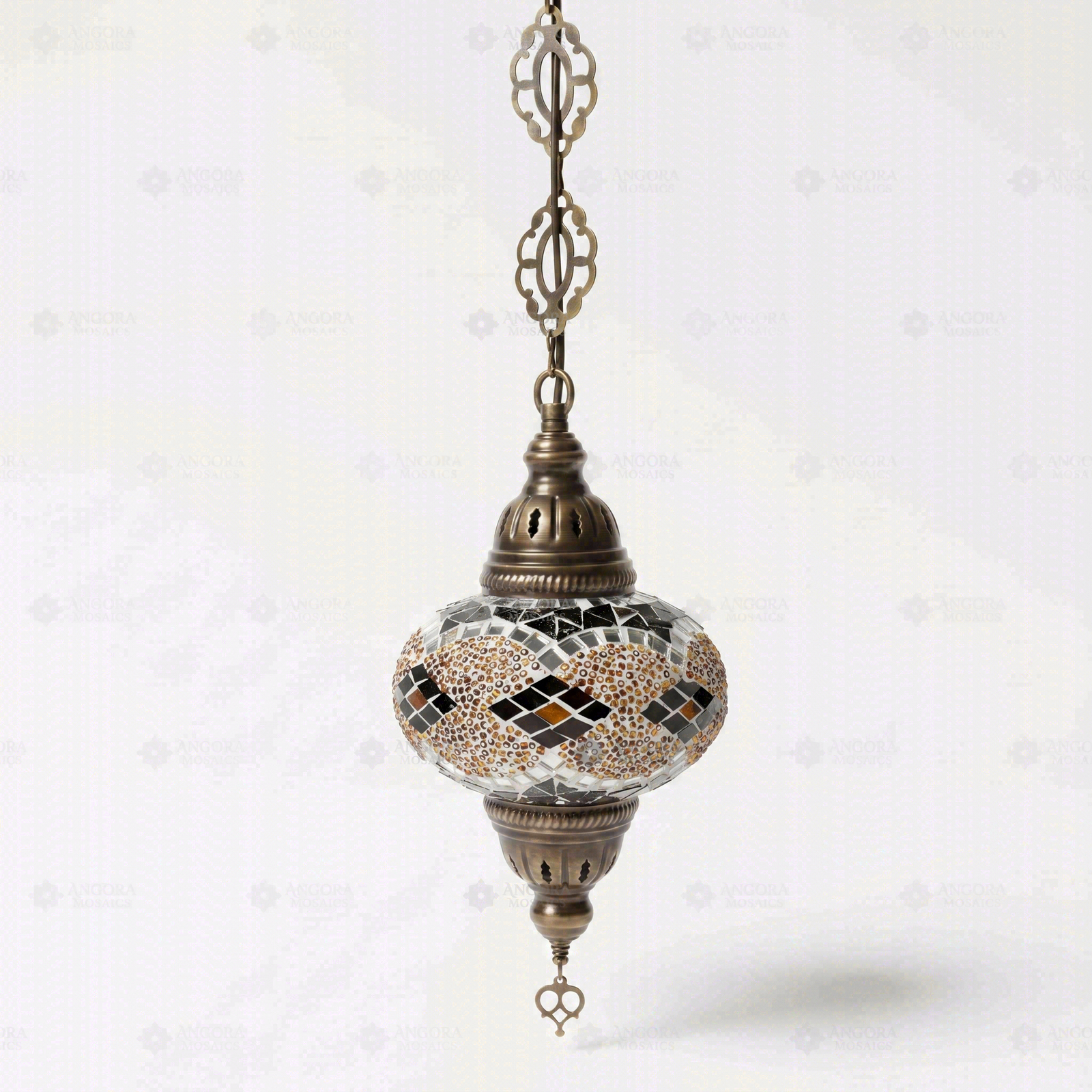 Full view of handmade Amber warm amber Turkish mosaic pendant light on white background (ENV DYN3092)