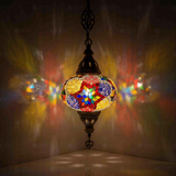 Multicolor Turkish mosaic pendant light illuminated, showing colorful light projection (ENV DYN3093)