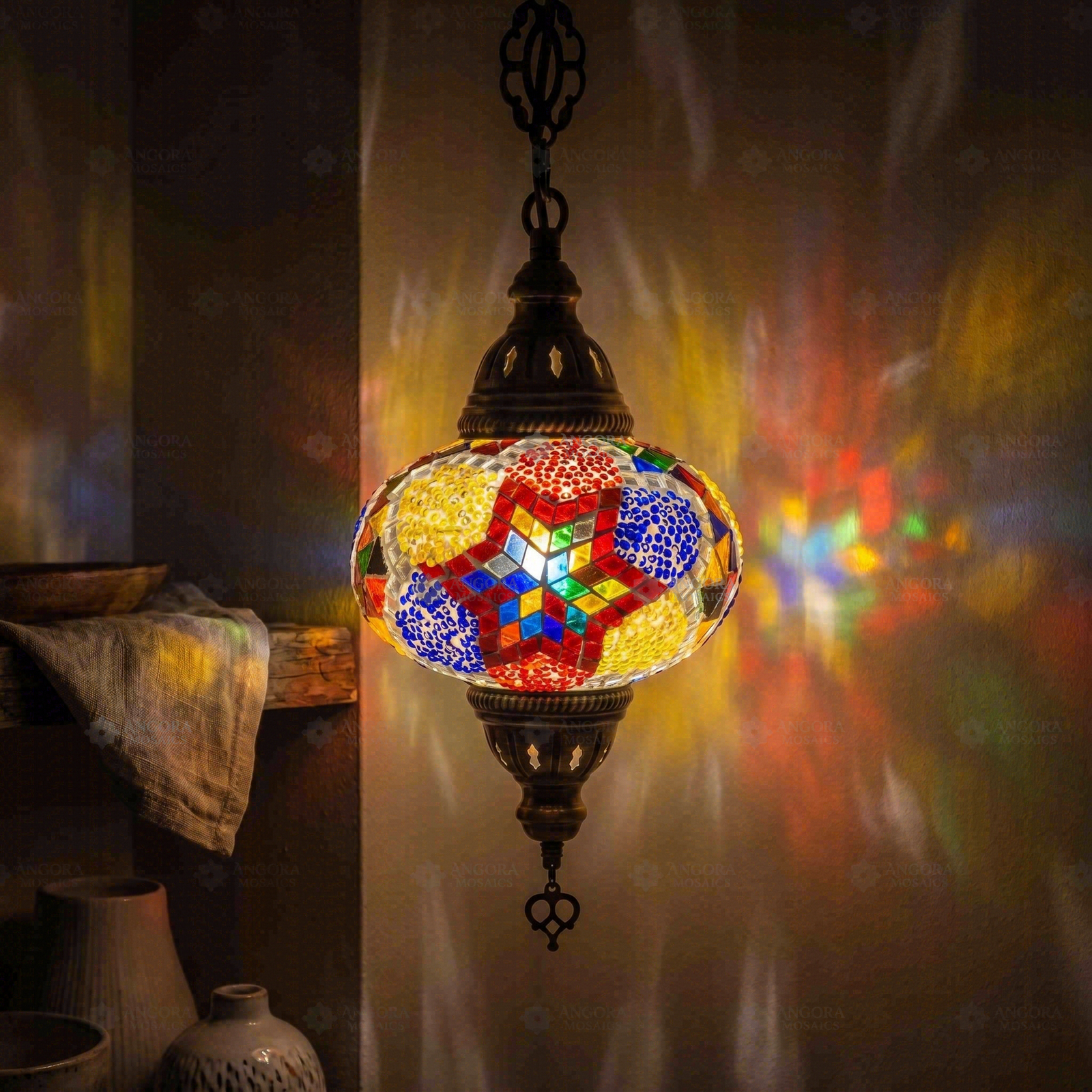 Multicolor multicolor jewel Turkish mosaic pendant light in styled room — handmade Moroccan pendant light (ENV DYN3093)