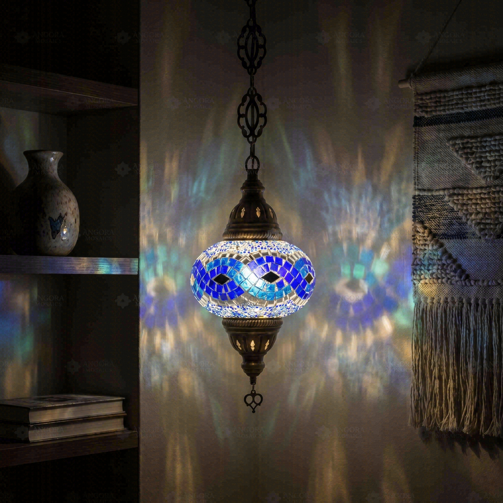 Blue blue jewel Turkish mosaic pendant light in styled room — handmade Moroccan pendant light (ENV DYN3094)