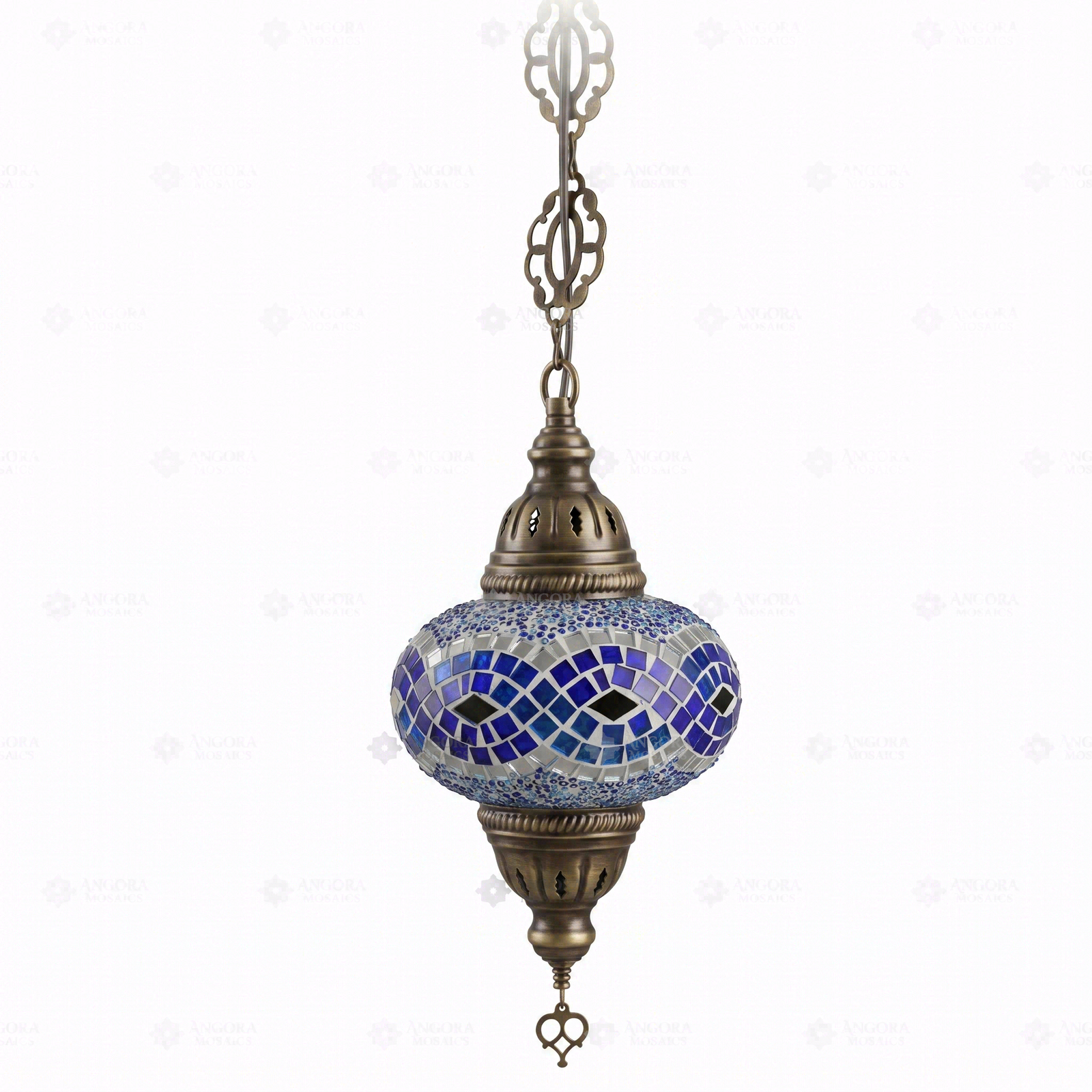 Full view of handmade Blue blue jewel Turkish mosaic pendant light on white background (ENV DYN3094)