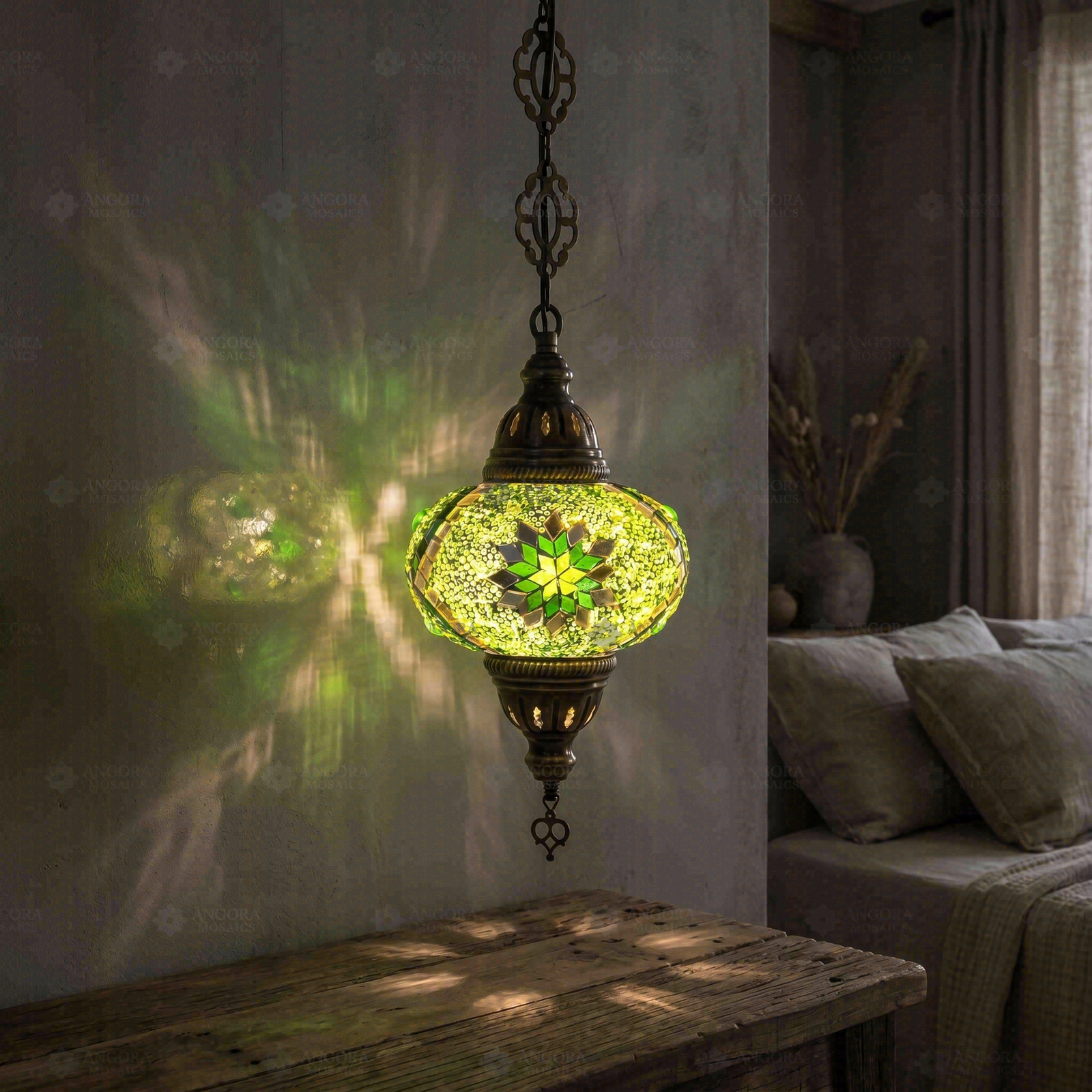 Green green jewel Turkish mosaic pendant light in styled room — handmade Moroccan pendant light (ENV DYN3096)