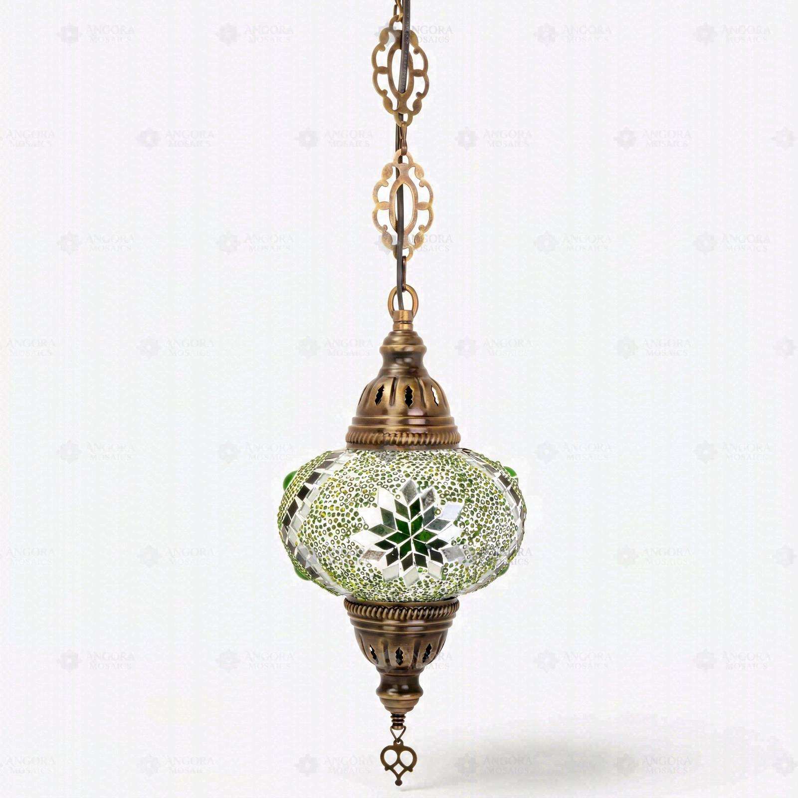 Full view of handmade Green green jewel Turkish mosaic pendant light on white background (ENV DYN3096)