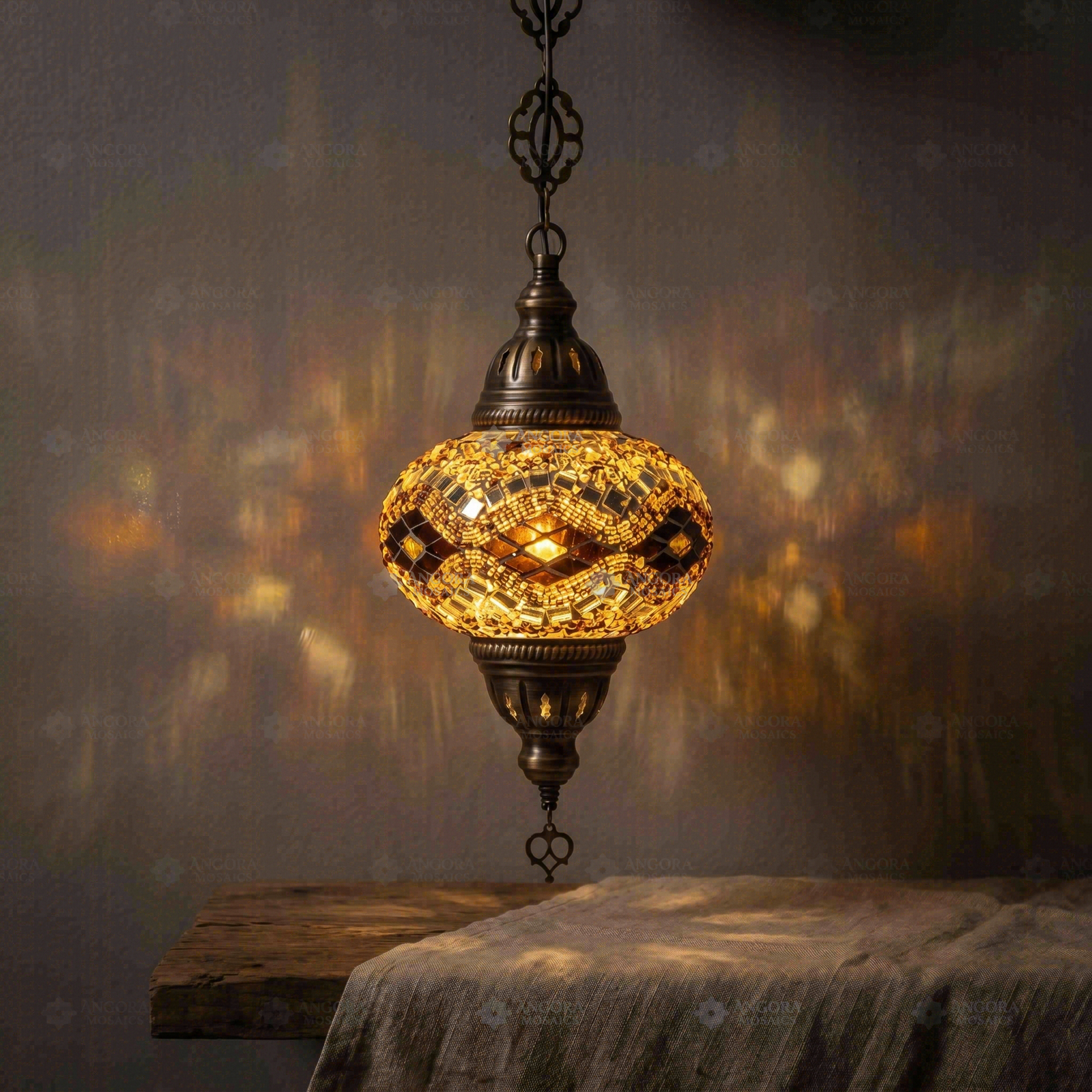 Amber warm amber Turkish mosaic pendant light in styled room — handmade Moroccan pendant light (ENV DYN3097)