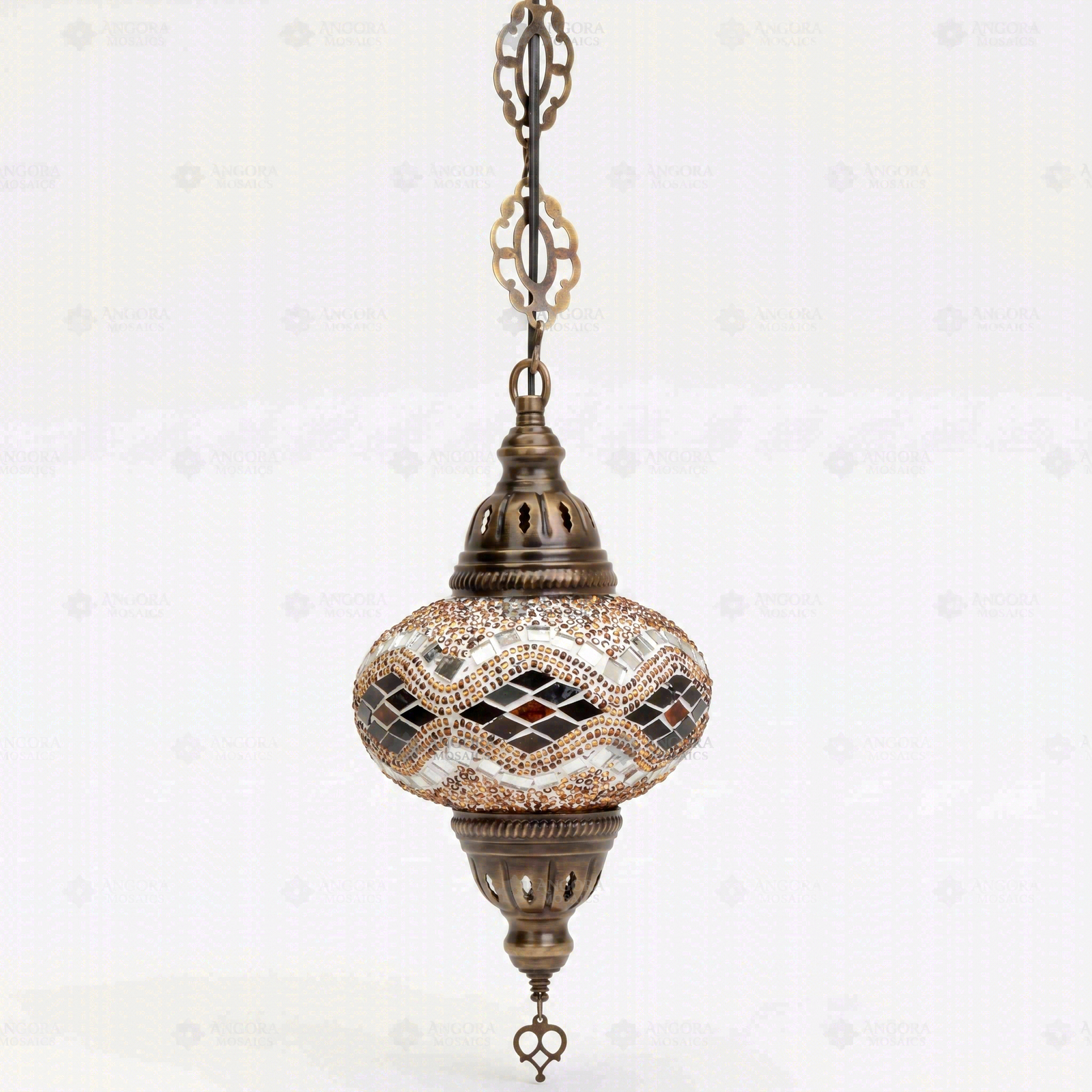 Full view of handmade Amber warm amber Turkish mosaic pendant light on white background (ENV DYN3097)