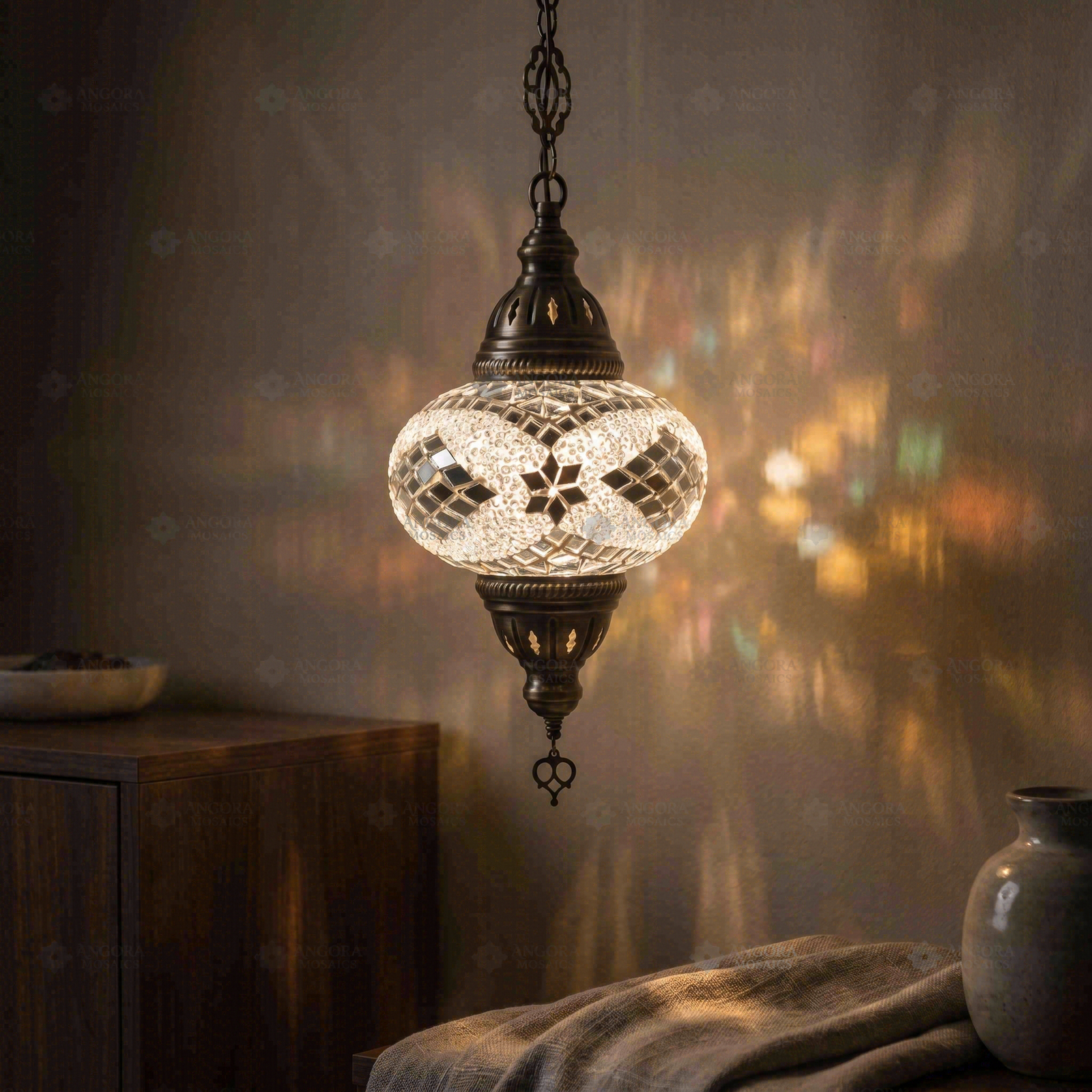 White white glow Turkish mosaic pendant light in styled room — handmade Moroccan pendant light (ENV DYN3098)