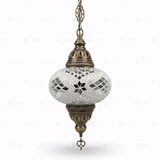 Full view of handmade White white glow Turkish mosaic pendant light on white background (ENV DYN3098)