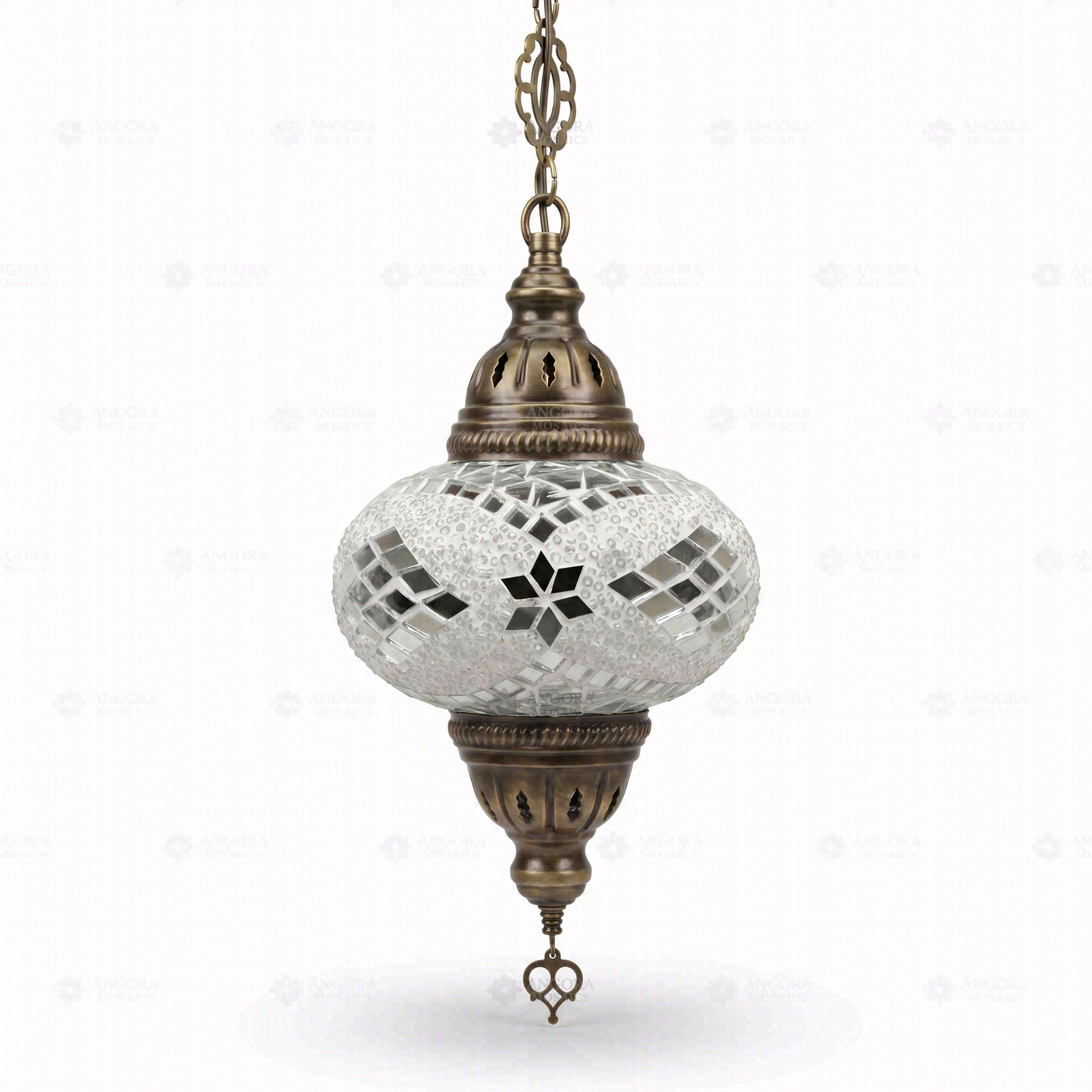 Full view of handmade White white glow Turkish mosaic pendant light on white background (ENV DYN3098)