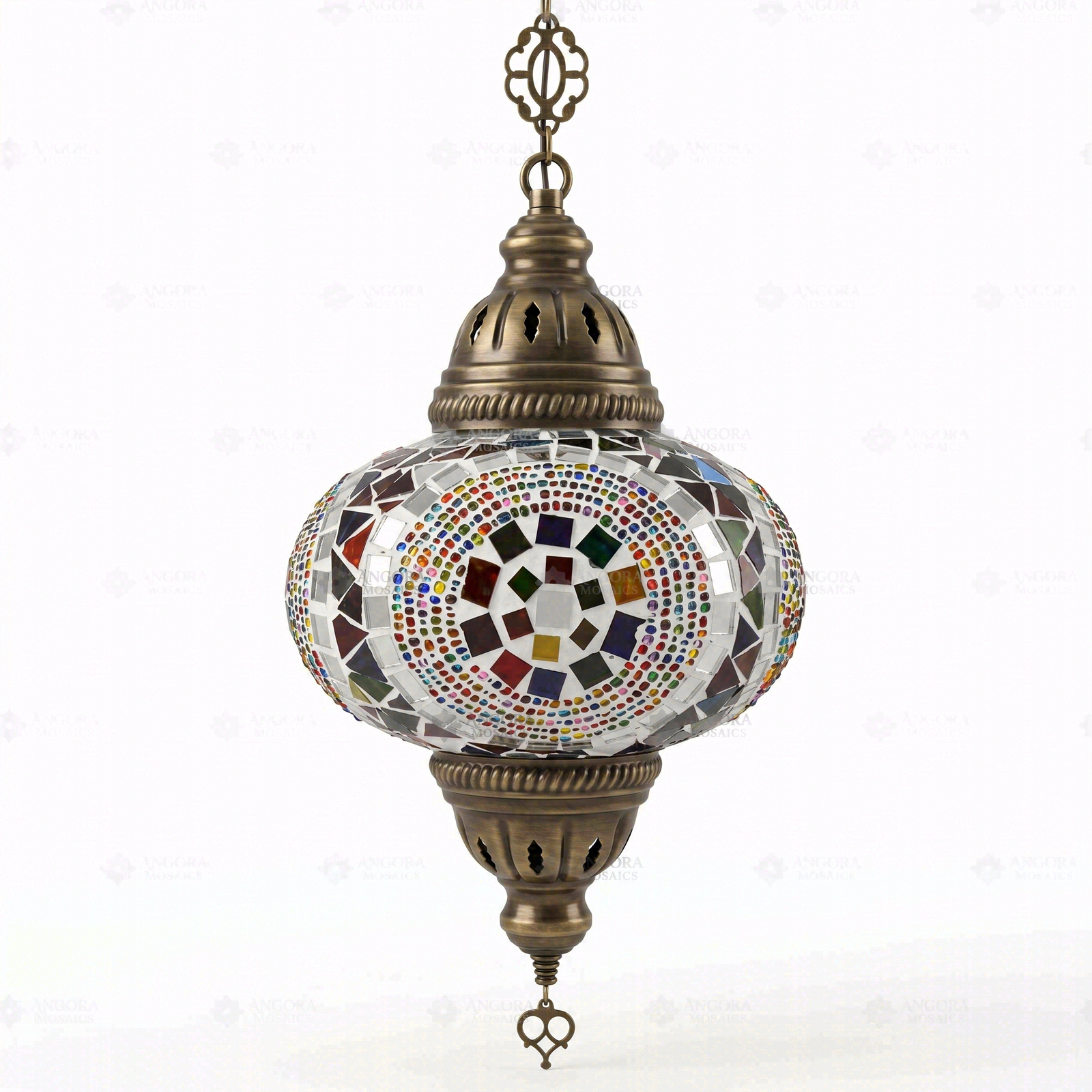 Full view of handmade Multicolor multicolor jewel Turkish mosaic pendant light on white background (ENV DYN3099)