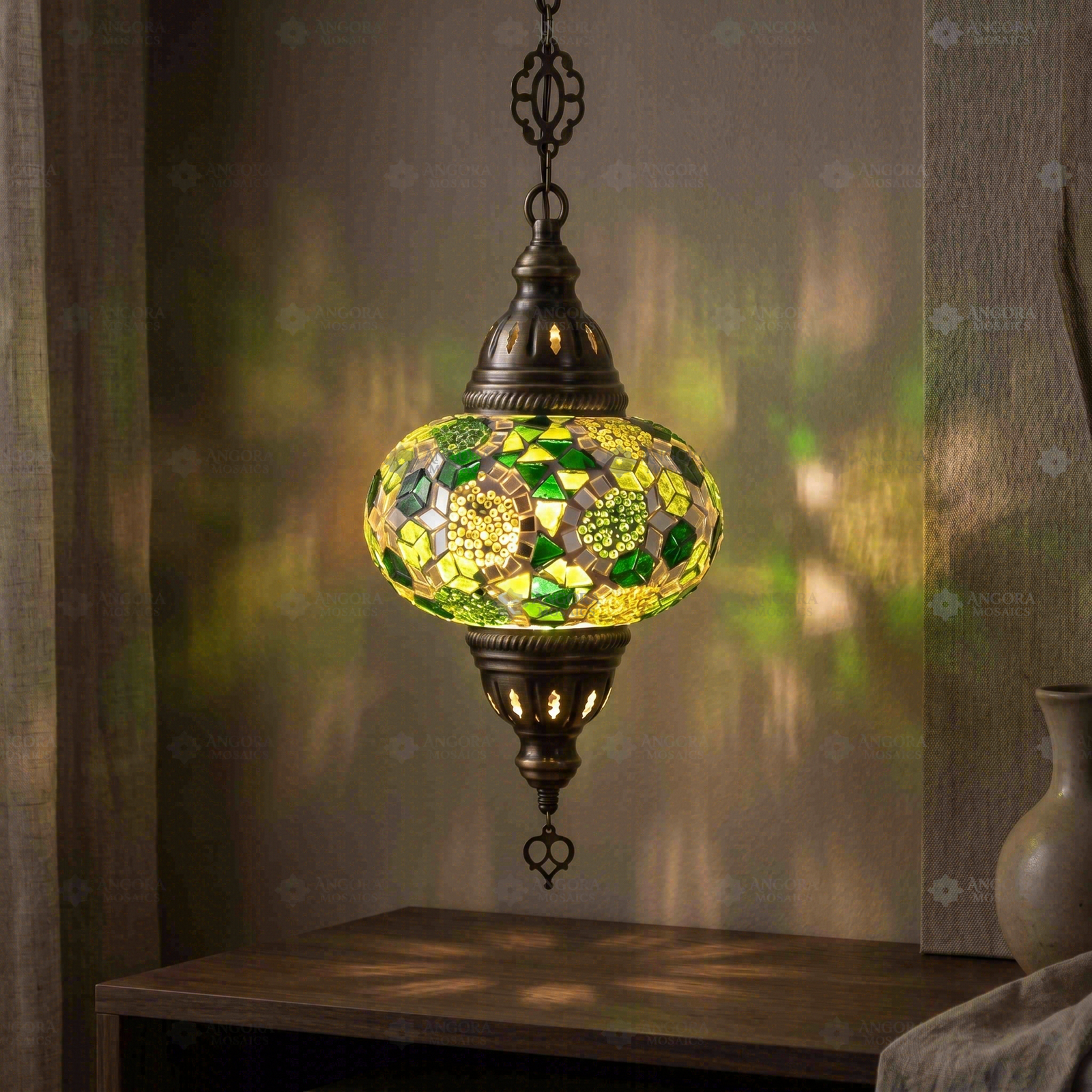 Green green jewel Turkish mosaic pendant light in styled room — handmade Moroccan pendant light (ENV DYN3100)