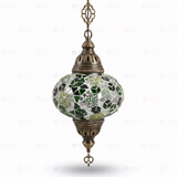 Full view of handmade Green green jewel Turkish mosaic pendant light on white background (ENV DYN3100)