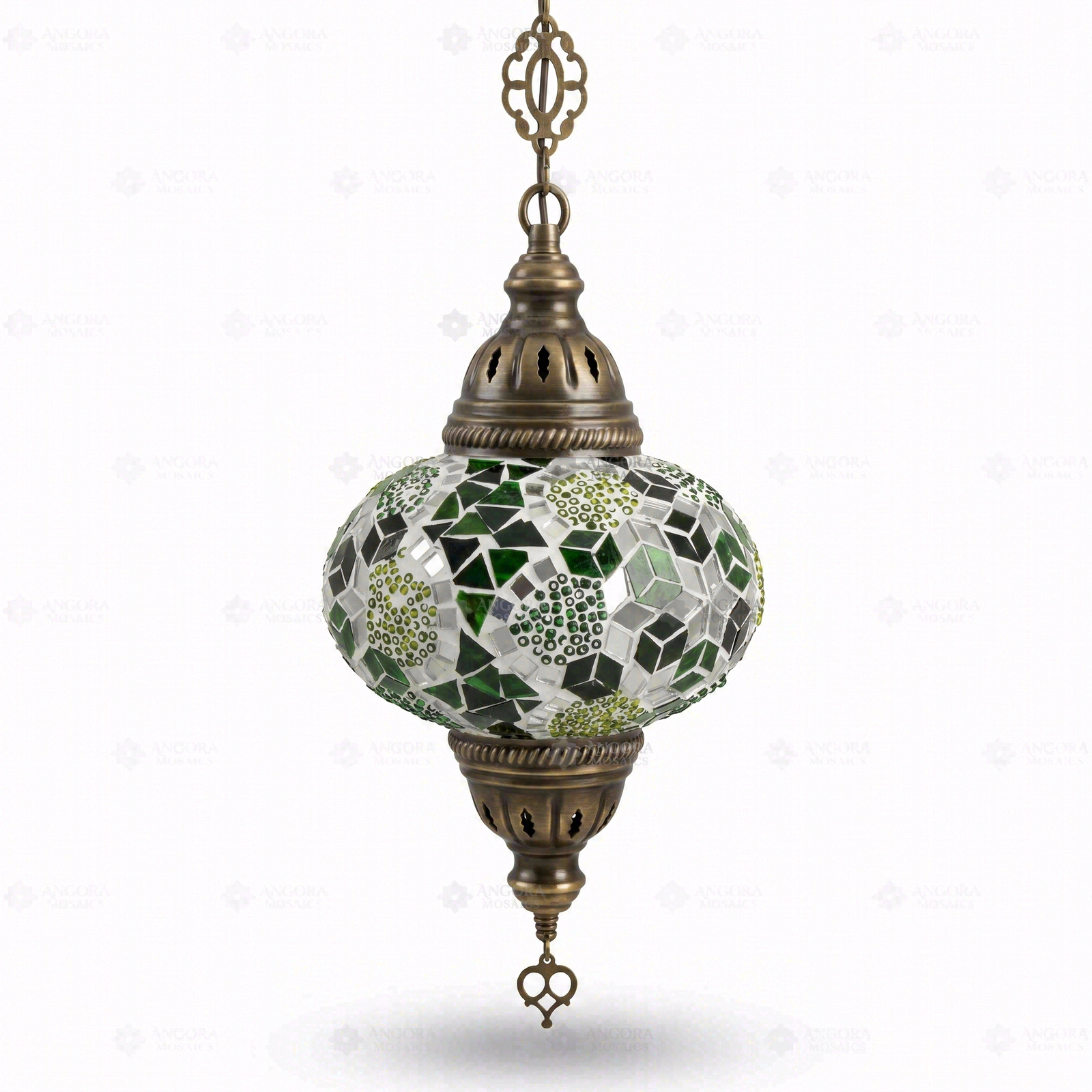 Full view of handmade Green green jewel Turkish mosaic pendant light on white background (ENV DYN3100)