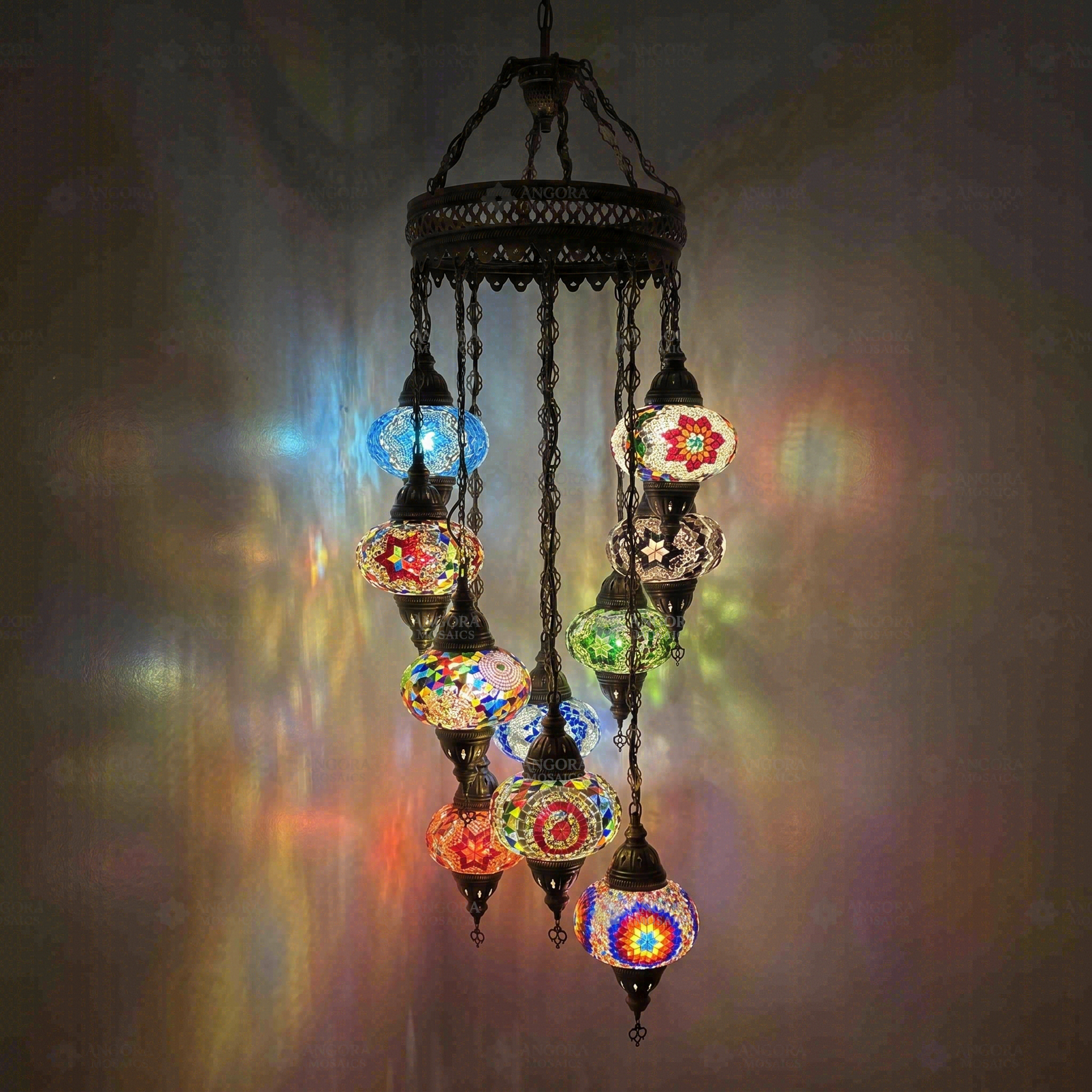 Multicolor Turkish mosaic chandelier illuminated, showing colorful light projection (ENV HLZ10N3 (01-03-07-11-16-17-18-19-21-34))