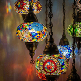 Lit close-up of mosaic glass globe — Multicolor chandelier glowing (ENV HLZ10N3 (01-03-07-11-16-17-18-19-21-34))