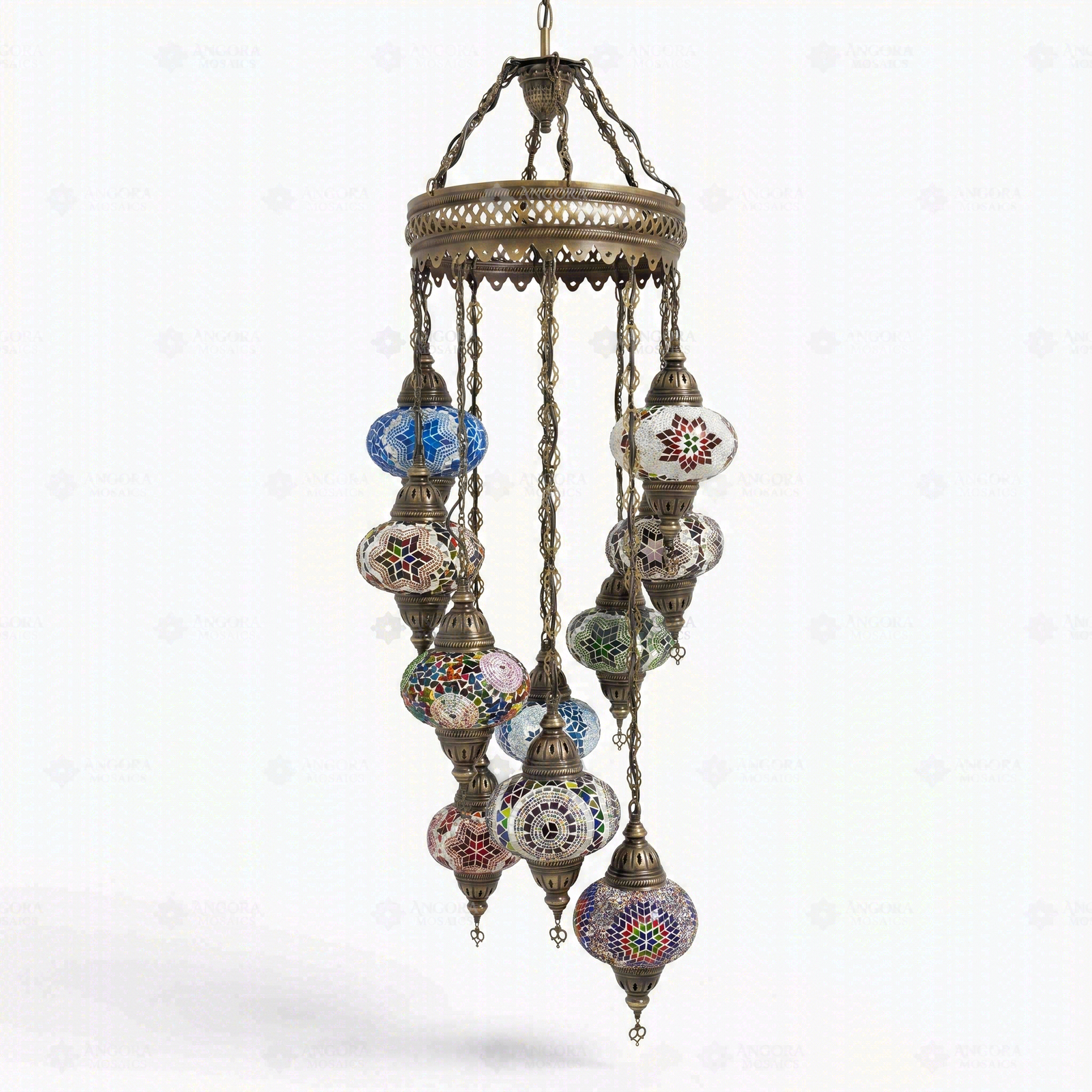 Full view of handmade Multicolor multicolor jewel Turkish mosaic chandelier on white background (ENV HLZ10N3 (01-03-07-11-16-17-18-19-21-34))