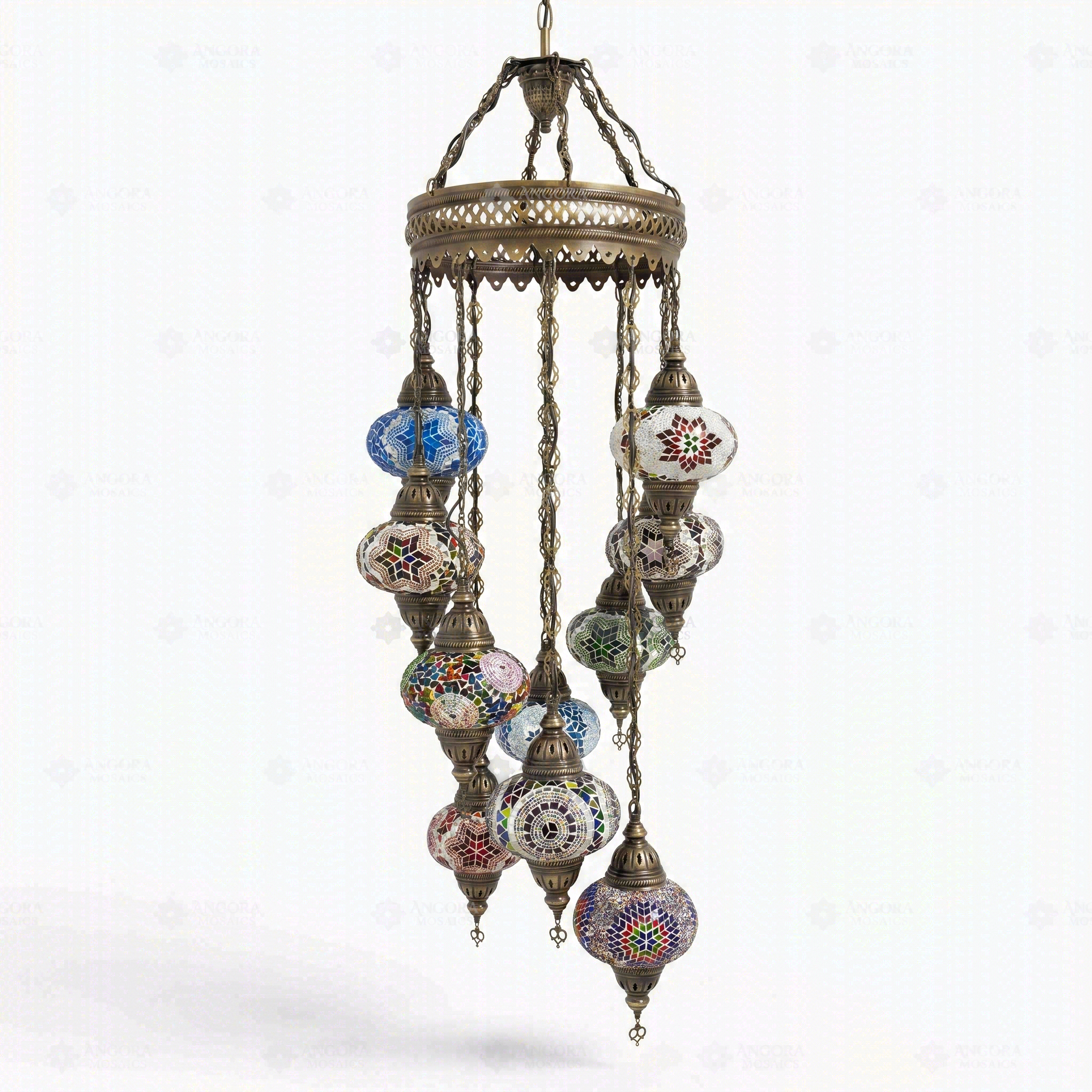 Full view of handmade Multicolor multicolor jewel Turkish mosaic chandelier on white background (ENV HLZ10N3 (01-03-07-11-16-17-18-19-21-34))