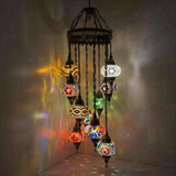 Multicolor Turkish mosaic chandelier illuminated, showing colorful light projection (ENV HLZ10N3 (01-03-09-11-13-15-17-19-21-29))