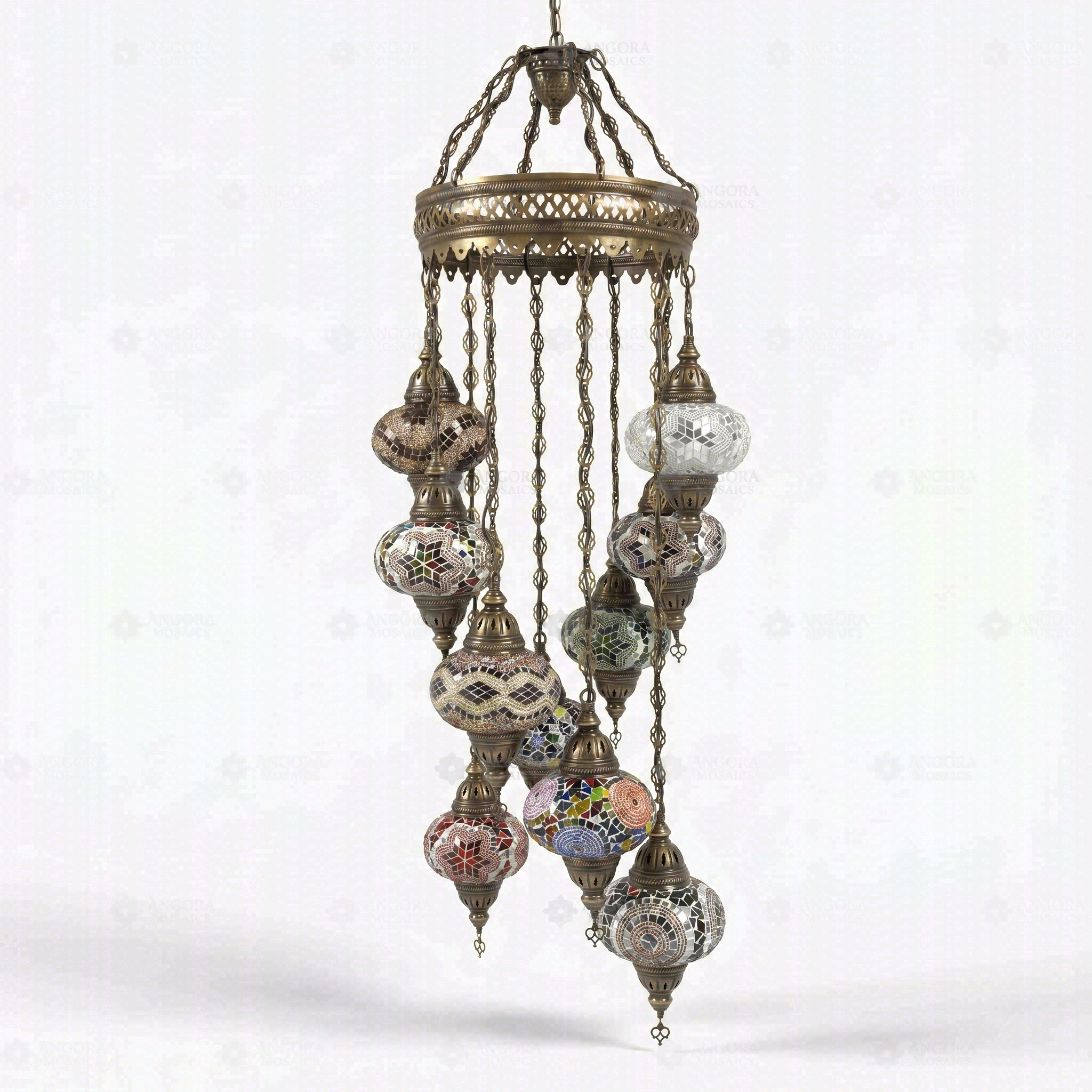 Full view of handmade Multicolor multicolor jewel Turkish mosaic chandelier on white background (ENV HLZ10N3 (01-03-09-11-13-15-17-19-21-29))
