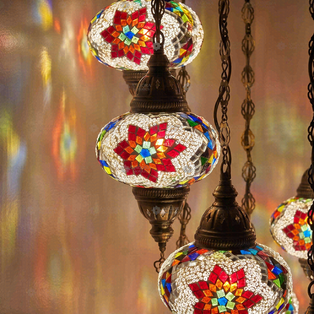 Multicolor 10-Globe Spiral Chandelier, close-up of the lit glass