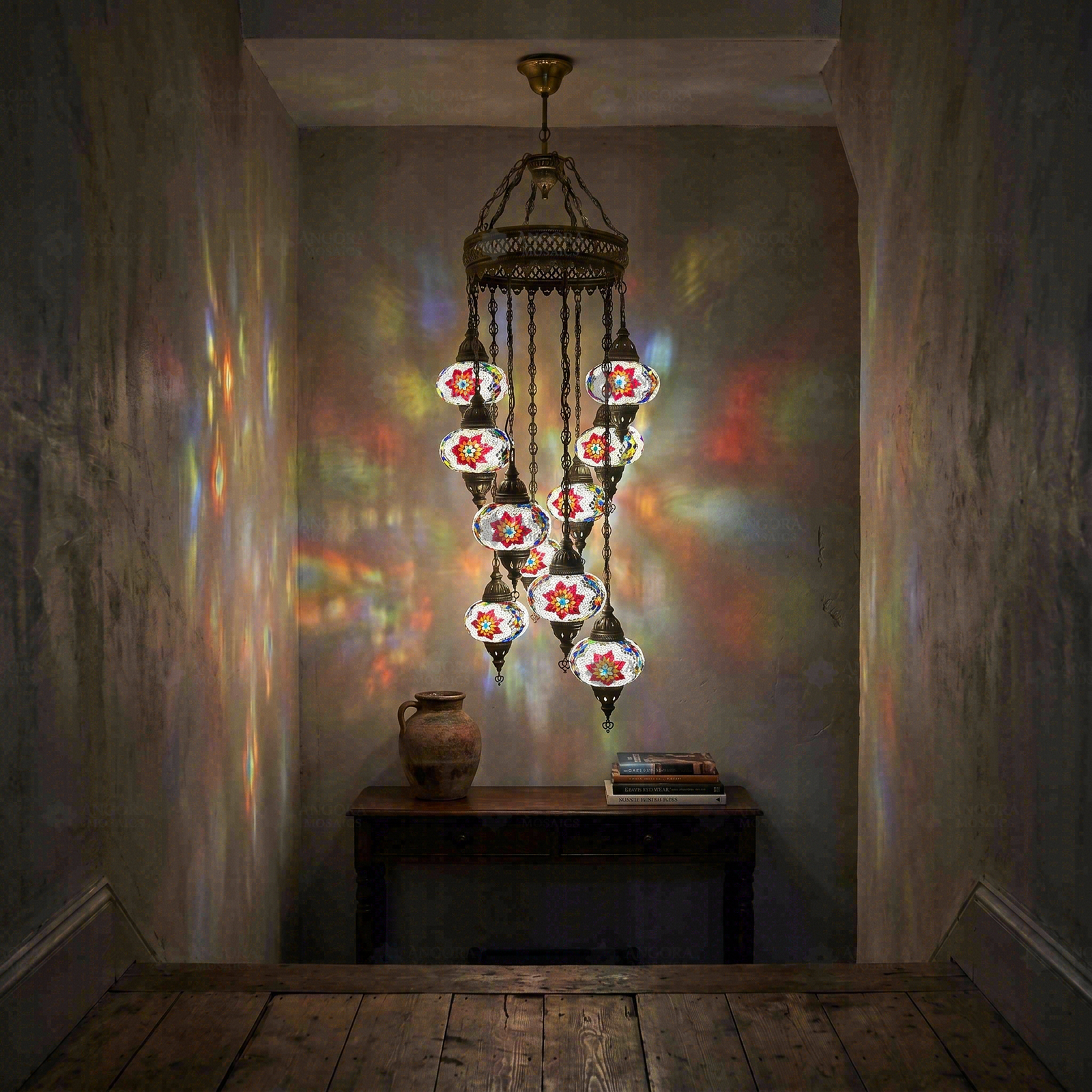 Multicolor multicolor jewel Turkish mosaic chandelier in styled room — handmade Moroccan chandelier (ENV HLZ10N3 (3007))
