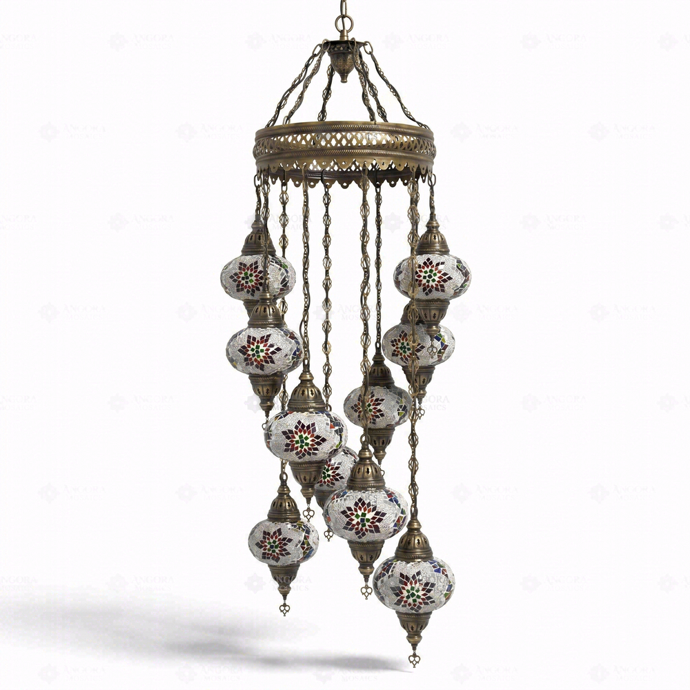 Multicolor 10-Globe Spiral Chandelier, on a white background