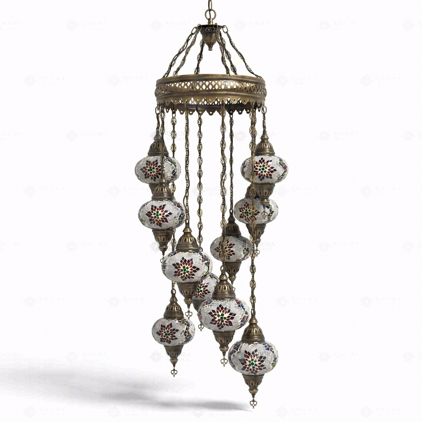 Full view of handmade Multicolor multicolor jewel Turkish mosaic chandelier on white background (ENV HLZ10N3 (3007))