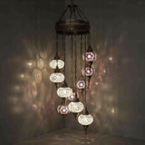 Cool Tones Turkish mosaic chandelier illuminated, showing colorful light projection (ENV HLZ10N3 (3019X5-3043X5))