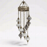 Full view of handmade Cool Tones mixed cool Turkish mosaic chandelier on white background (ENV HLZ10N3 (3019X5-3043X5))