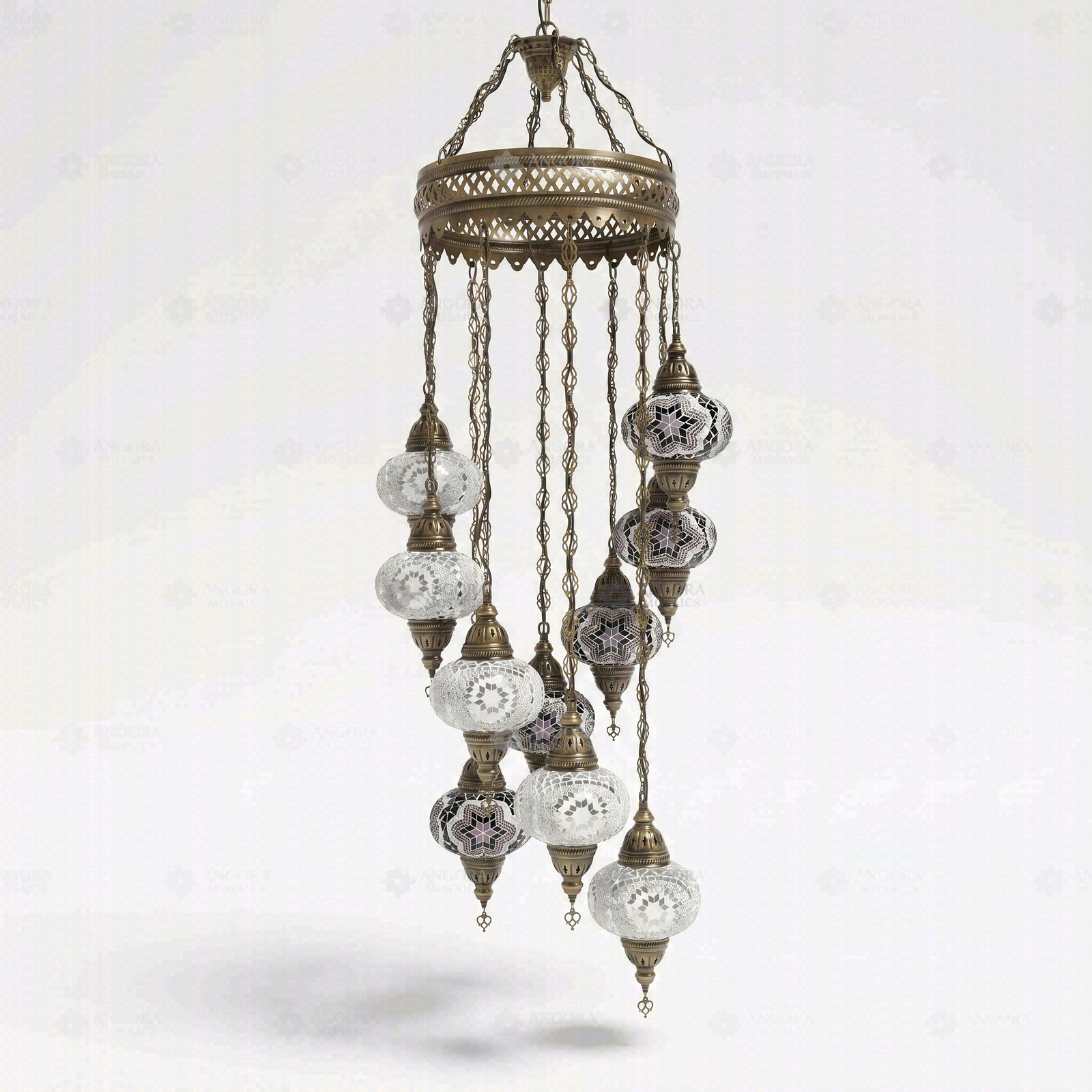 Full view of handmade Cool Tones mixed cool Turkish mosaic chandelier on white background (ENV HLZ10N3 (3019X5-3043X5))