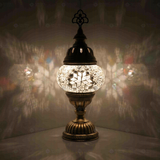 White Turkish mosaic table lamp illuminated, showing colorful light projection (ENV MUN1001)