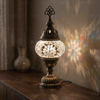 White white glow Turkish mosaic table lamp in styled room — handmade Moroccan table lamp (ENV MUN1001)