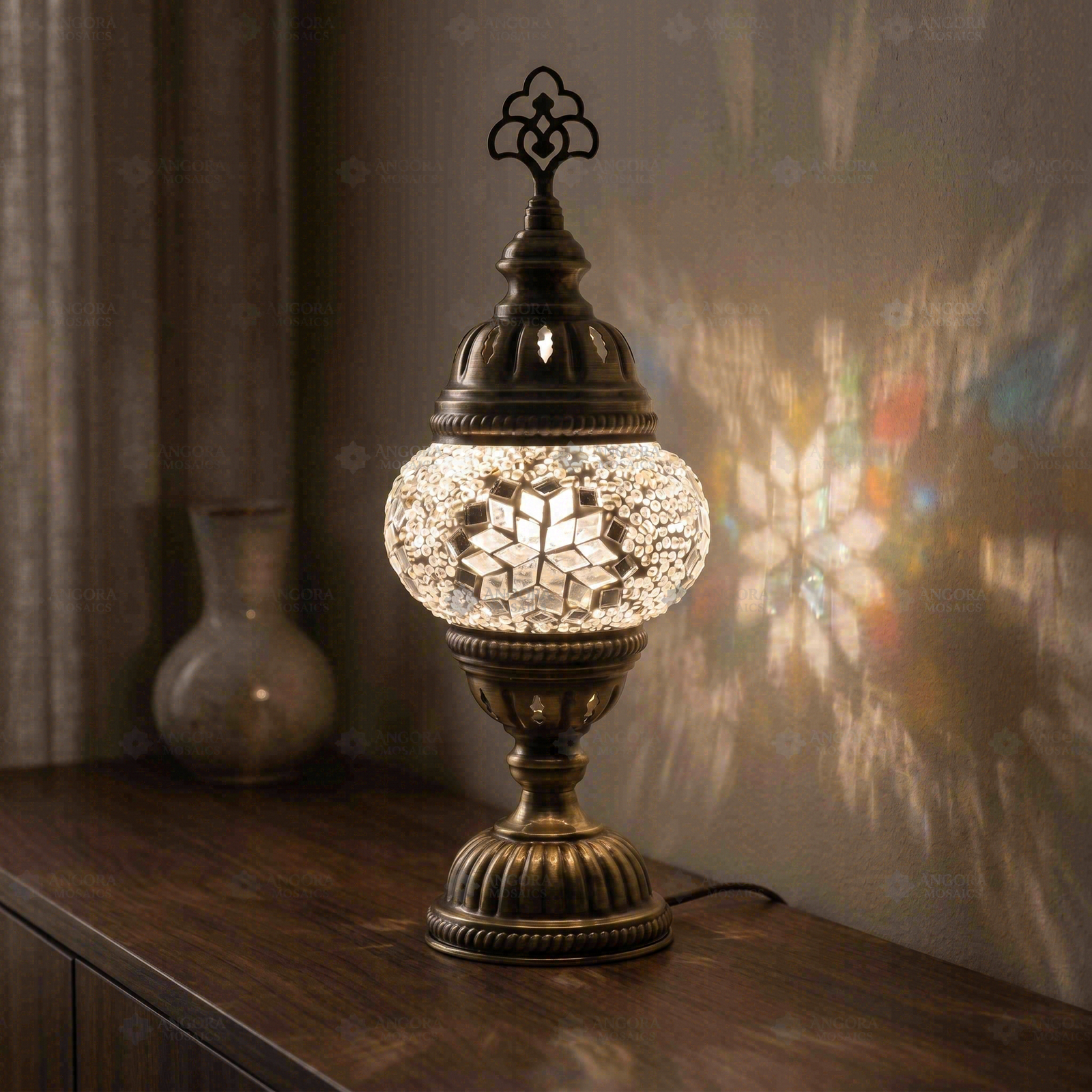 White white glow Turkish mosaic table lamp in styled room — handmade Moroccan table lamp (ENV MUN1001)