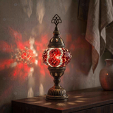 Red ruby red Turkish mosaic table lamp in styled room — handmade Moroccan table lamp (ENV MUN1003)