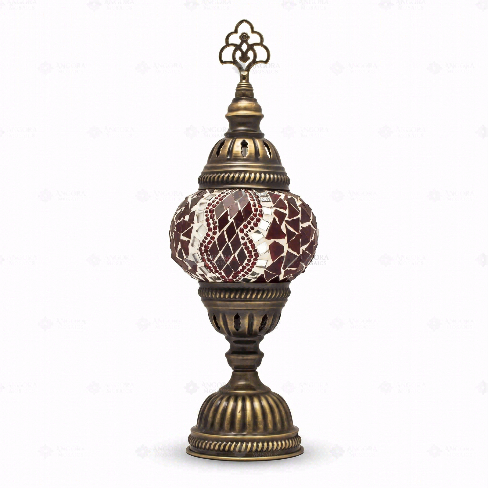 Full view of handmade Red ruby red Turkish mosaic table lamp on white background (ENV MUN1003)