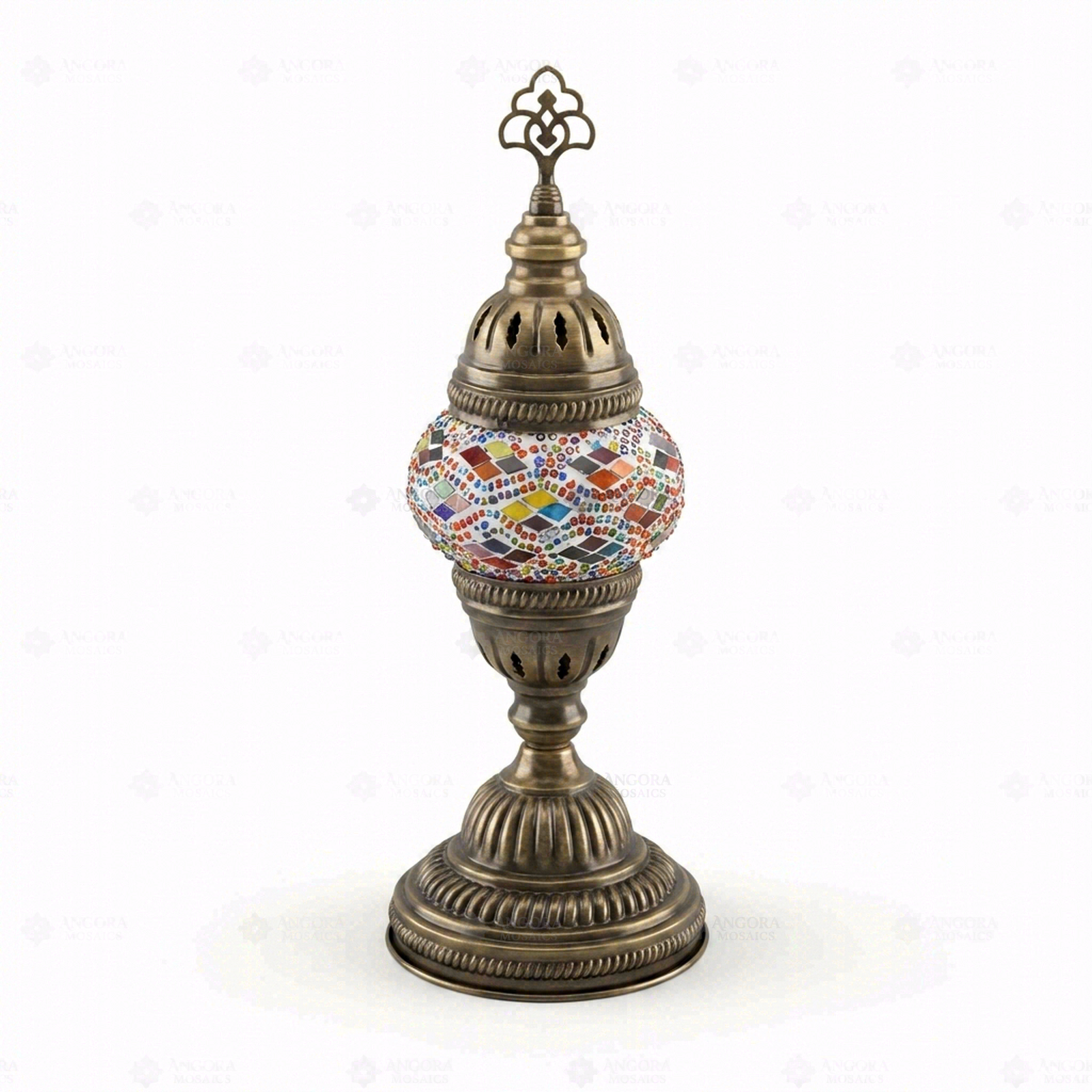 Full view of handmade Multicolor multicolor jewel Turkish mosaic table lamp on white background (ENV MUN1010)