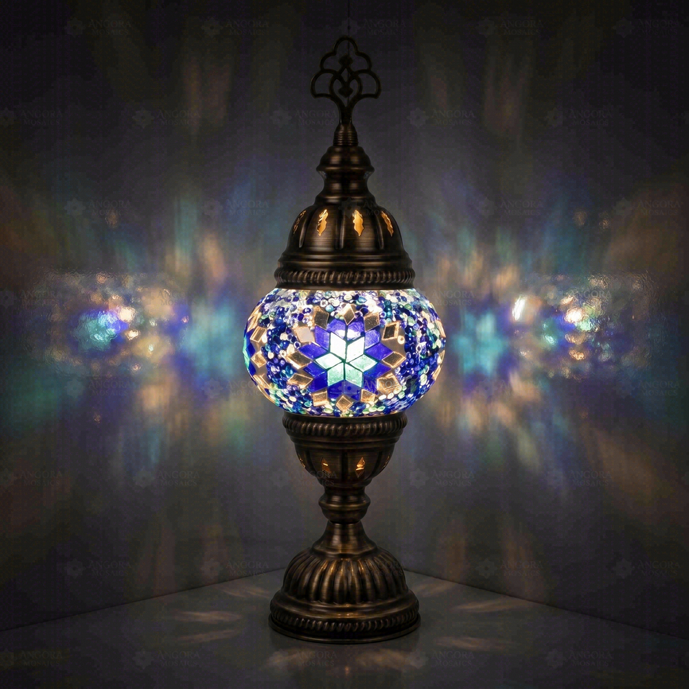 Blue Classic Table Lamp, glowing in a dark room