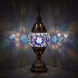 Blue Turkish mosaic table lamp illuminated, showing colorful light projection (ENV MUN1014)