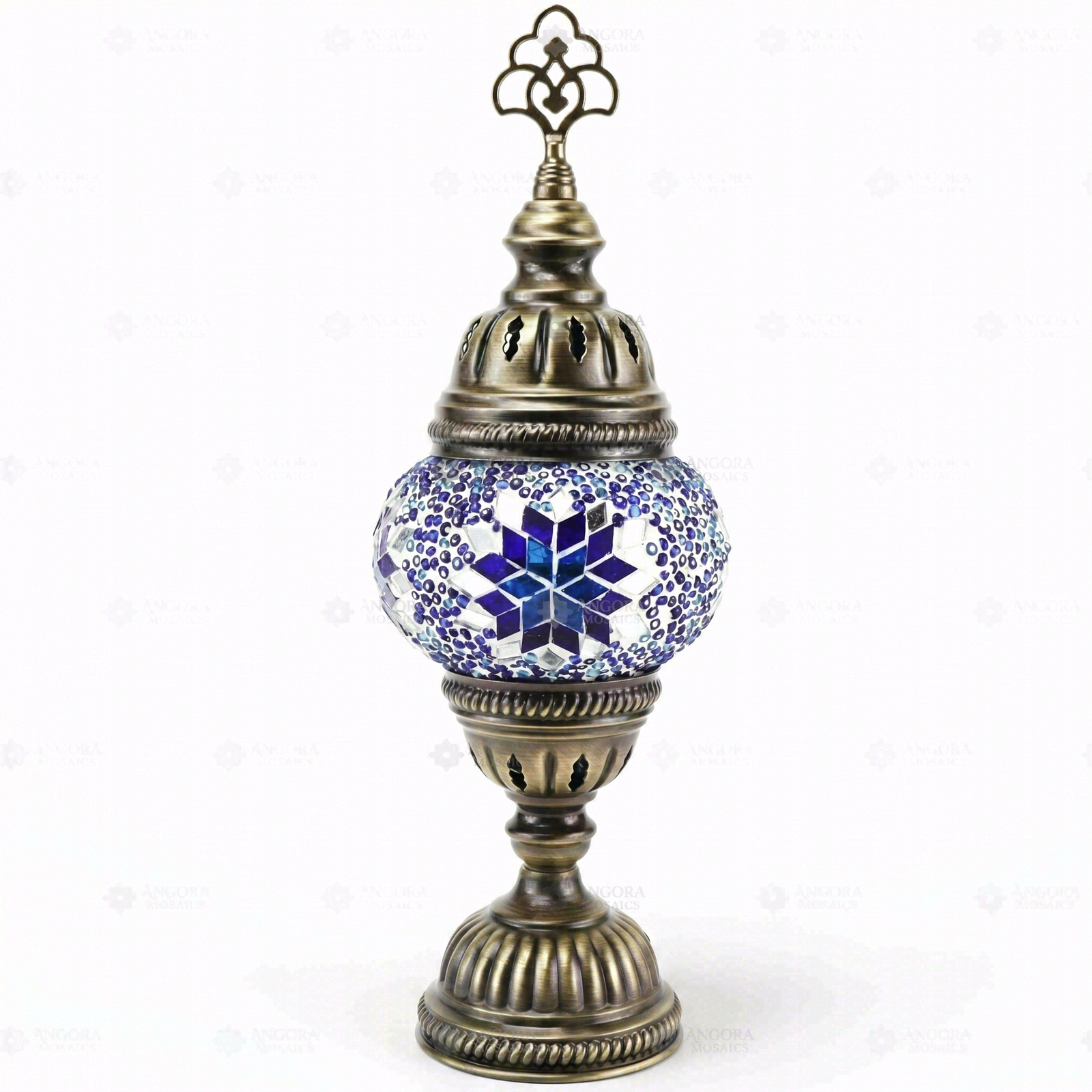 Full view of handmade Blue blue jewel Turkish mosaic table lamp on white background (ENV MUN1014)