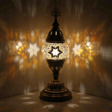 Amber Turkish mosaic table lamp illuminated, showing colorful light projection (ENV MUN1022)