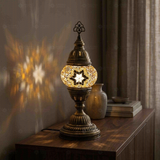 Amber warm amber Turkish mosaic table lamp in styled room — handmade Moroccan table lamp (ENV MUN1022)