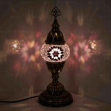 Pink Turkish mosaic table lamp illuminated, showing colorful light projection (ENV MUN1034)