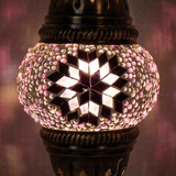 Lit close-up of mosaic glass globe — Pink table lamp glowing (ENV MUN1034)