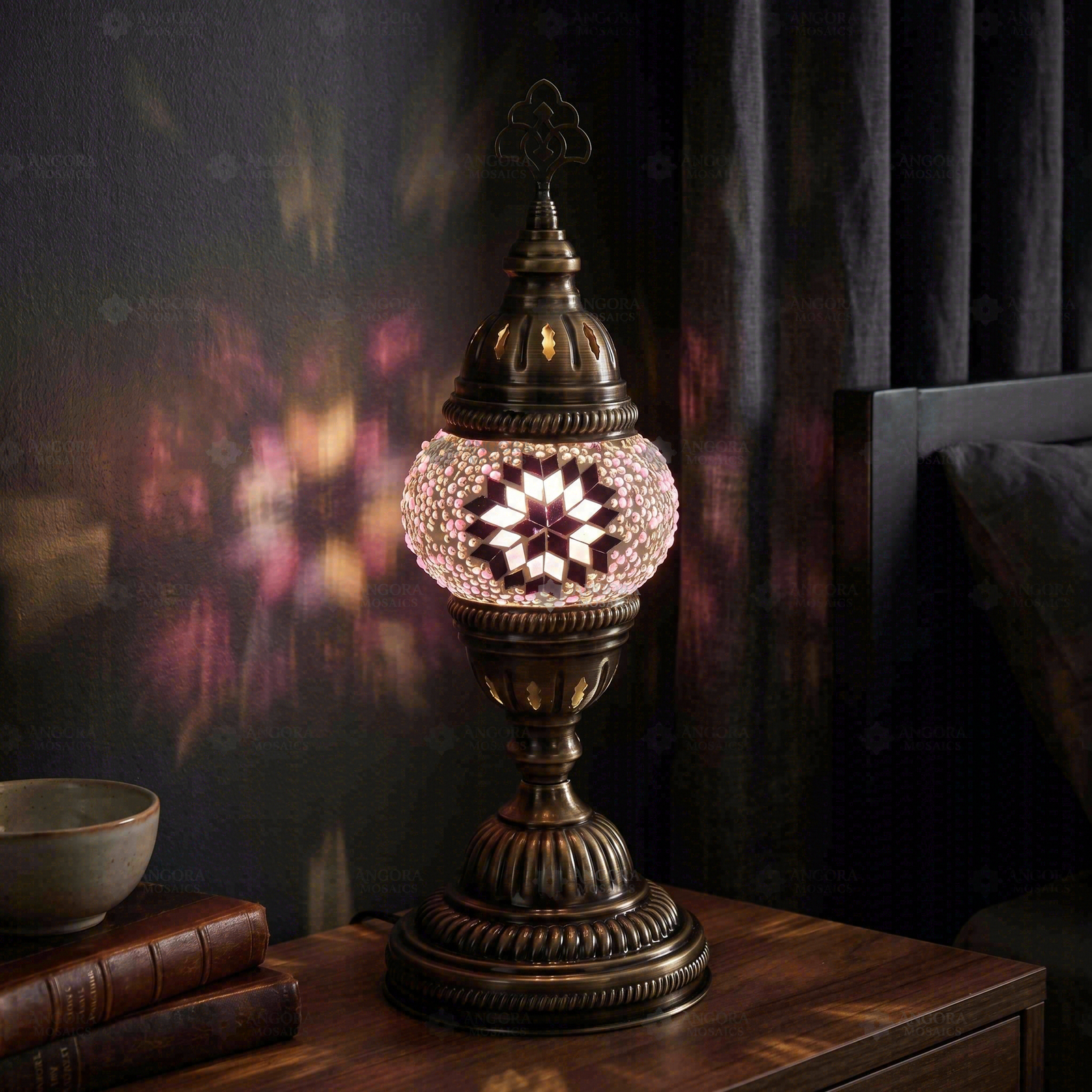 Pink pink rose Turkish mosaic table lamp in styled room — handmade Moroccan table lamp (ENV MUN1034)