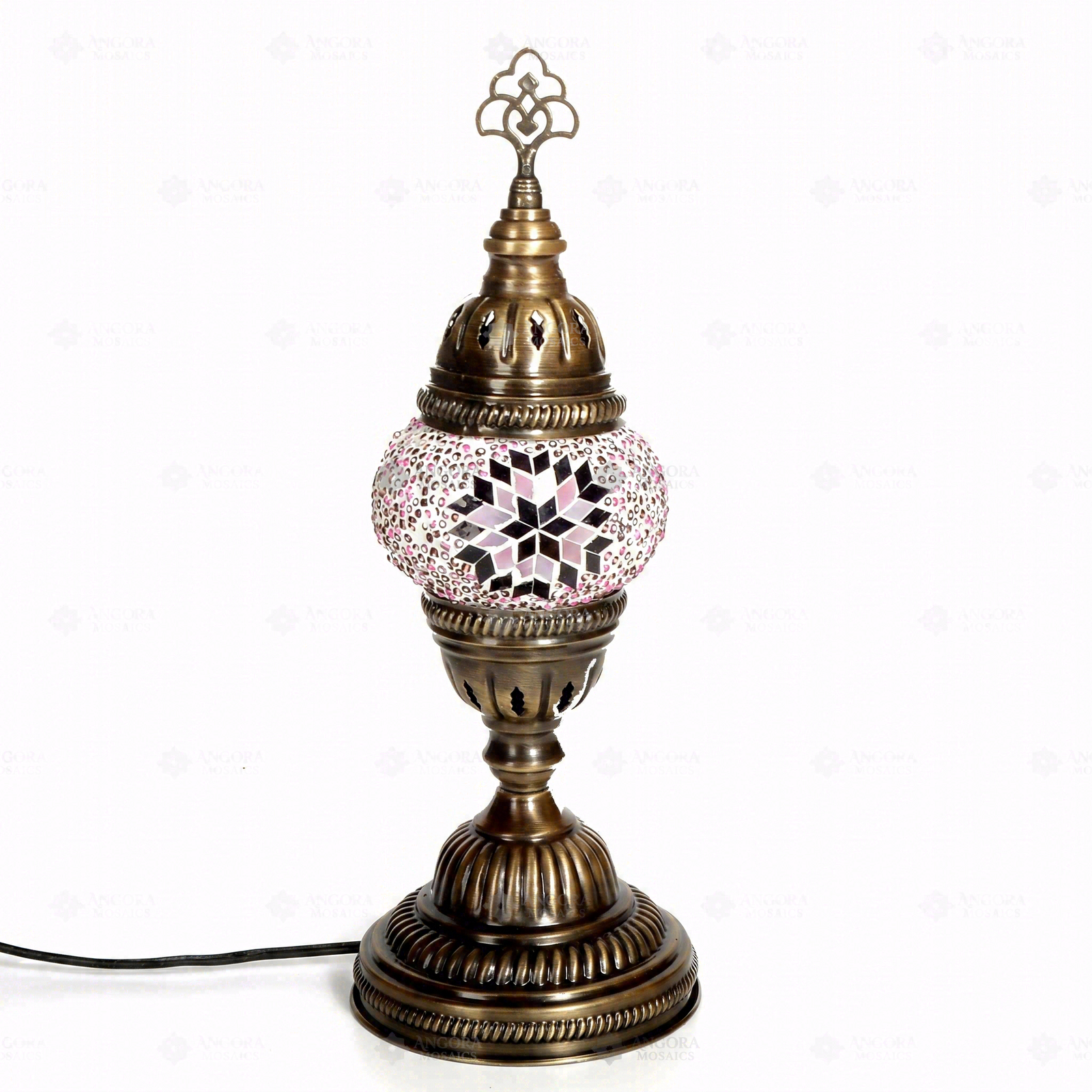 Full view of handmade Pink pink rose Turkish mosaic table lamp on white background (ENV MUN1034)